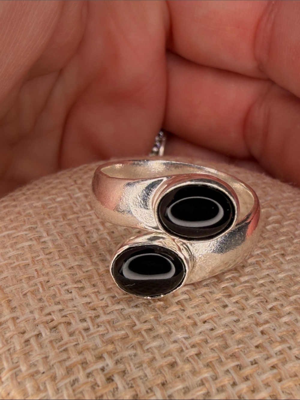 Silver Plated Black Onyx Double Oval Ring Sz 8